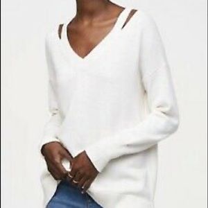 LOFT drop shoulder cutout v neck cream sweater